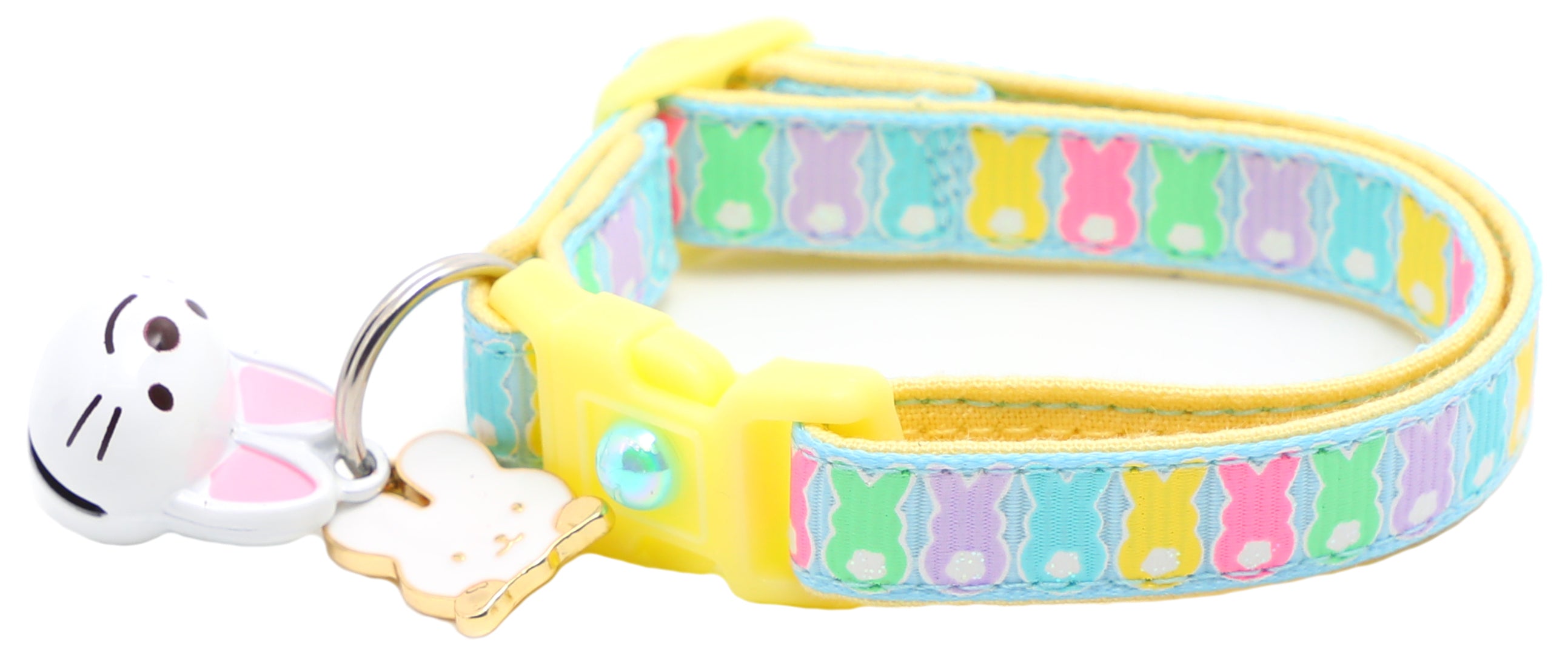 A colorful Marshmallow Easter Bunnies Breakaway Cat Collar featuring cute bunny designs, made from reinforced cotton with a breakaway clip.